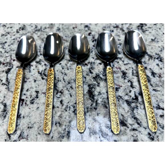 Noritake Gold Esperanza Soup Spoons Japan-Vintage Retired-RARE-Set of 5 - Picture 1 of 4